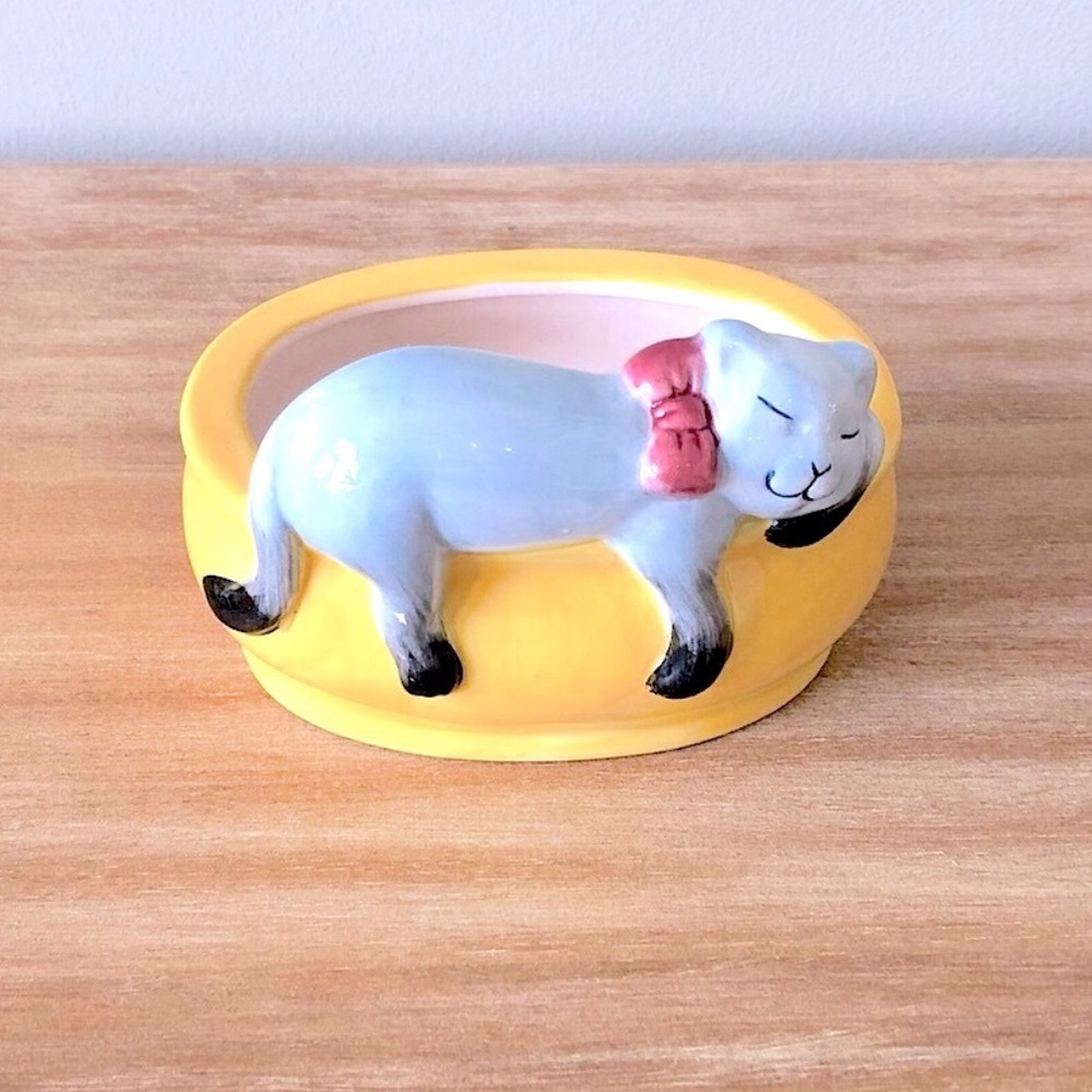 Decorative Ceramic Sleeping Cat Kitty in Bow Yellow Catnip Grass Planter Holder
